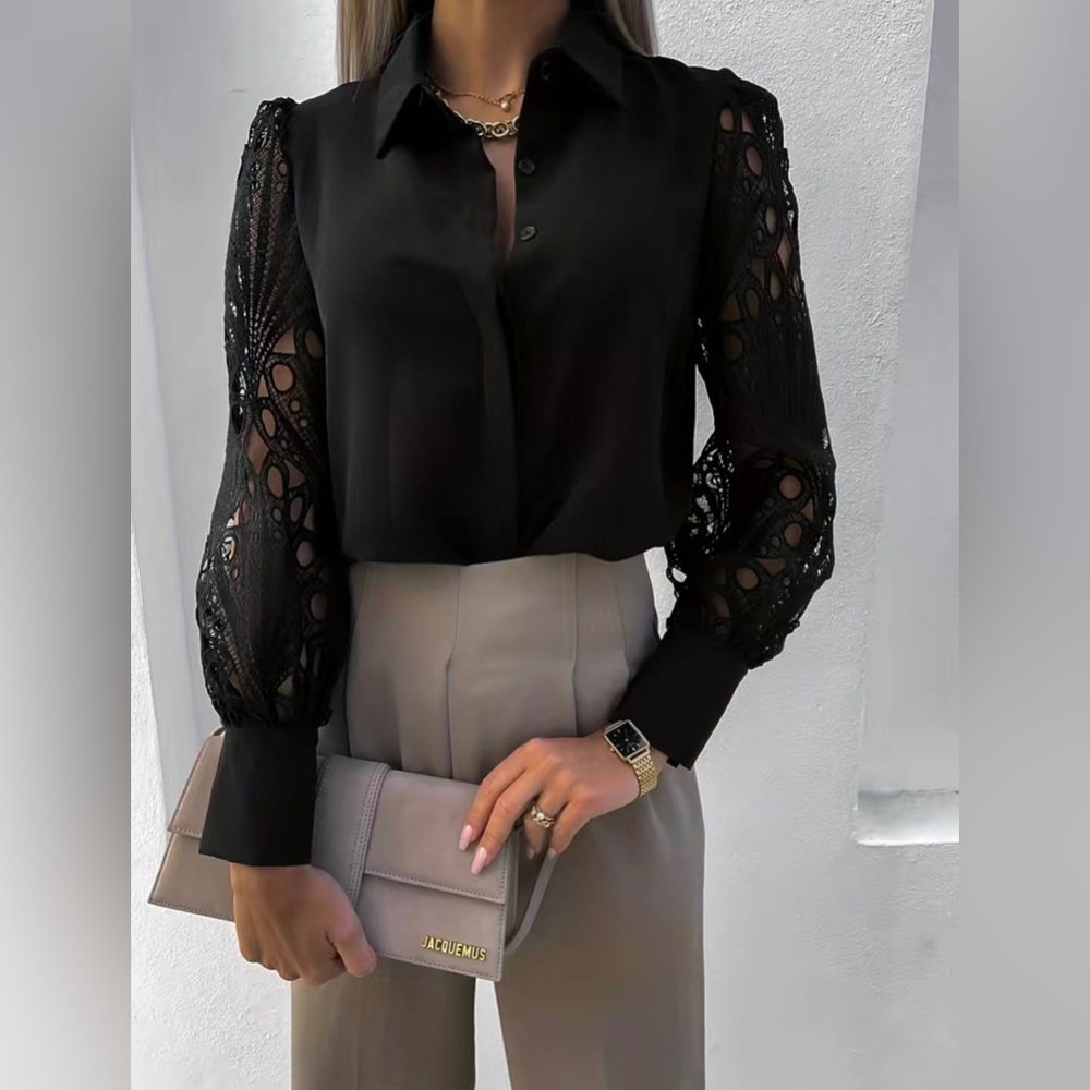 Elegant Hollow Out Solid Color Blouse Collar Long Sleeve - Picture 2 of 9